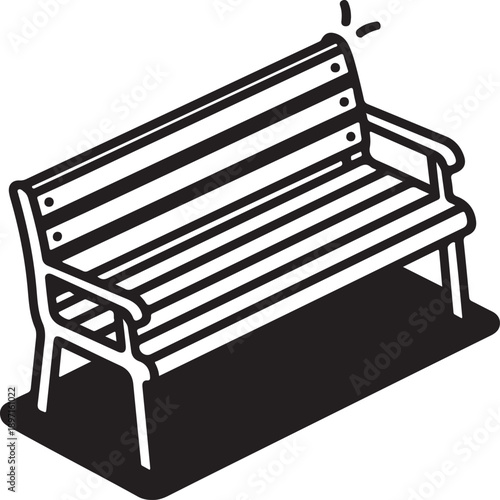 A traditional slatted park bench rendered in a stark black and white illustration