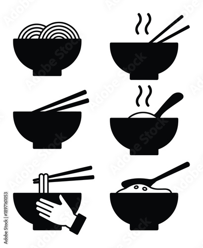 Collection of Black and White Icons Representing Bowls of Food and Utensils