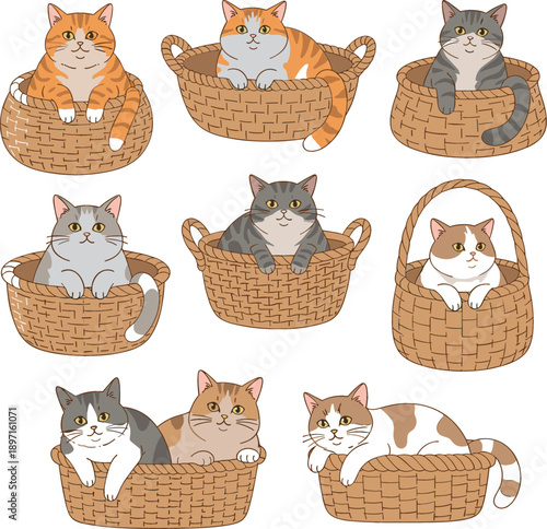 Vector set of cute cat pictures sitting and sleeping in a wicker basket in a cozy cartoon style for pets and kids