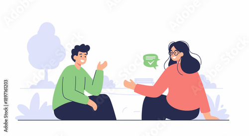 Two people engaged in a conversation outdoors sitting on a bench.