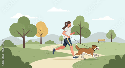 Woman and Dog Running Together in the Park.