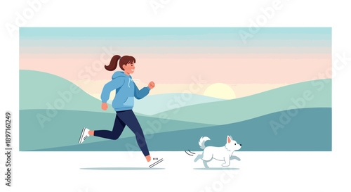 Woman and Dog Running Together in Nature Illustration.