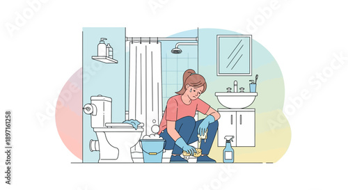 Woman Cleaning Bathroom Floor with Sponge and Cleaning Supplies.