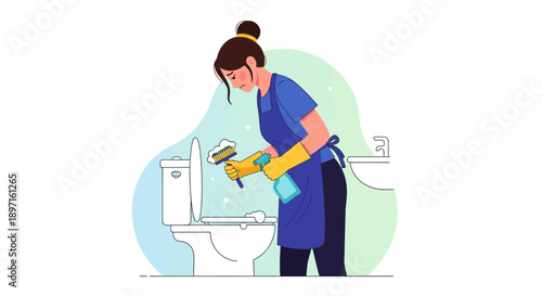 Woman Cleaning Toilet with Brush and Gloves in Bathroom.