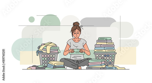 Woman Folding Laundry Surrounded by Piles of Clothes.