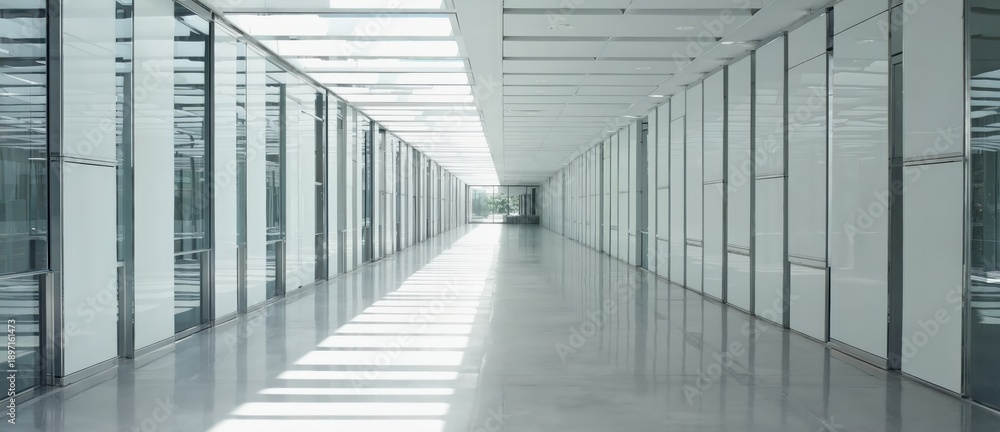 Fototapeta premium Ultra-clean near-future corporate architectural interior with precise geometry, soft natural light and minimal design. AI generated image. 