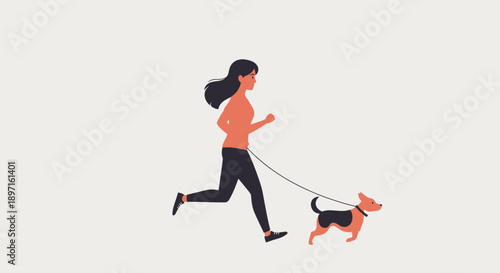 Woman jogging with her dog on a leash.