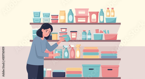 Woman Organizing Pantry with Various Food and Household Items.