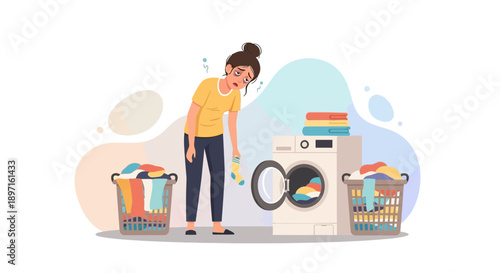 Woman Overwhelmed by Laundry Next to Washing Machine and Baskets.