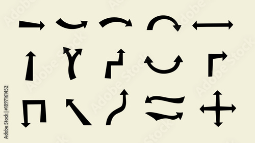 Vector set of black arrows on a white background, drawn in a rough and expressive style. Thick angular strokes create a bold, hand-drawn look suitable for dynamic design, navigation, and modern graphi