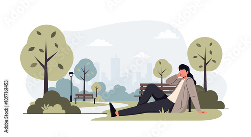 Woman Relaxing in Park Serene Moment of Leisure and Reflection.