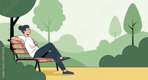 Woman Relaxing on Park Bench in Serene Outdoor Setting.