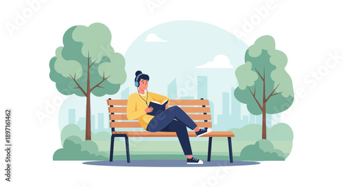 Woman Reading a Book on a Park Bench in a Peaceful Setting.