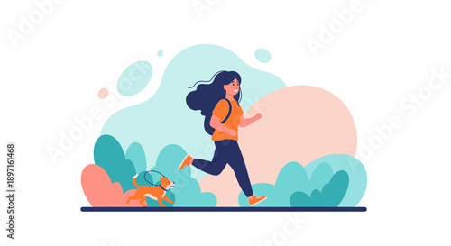 Woman Running with Backpack in Nature Illustration.