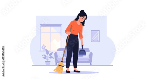 Woman sweeping floor with broom focused on cleaning and household chores.