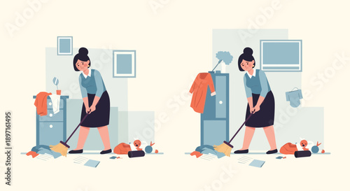 Woman Sweeping Floor in Before and After Cleaning Illustration.