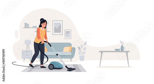 Woman vacuuming the living room focused on cleaning.