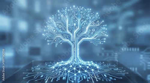 Wallpaper Mural Luminous digital tree structure made from glowing electronic circuit board traces grows upward from a complex technological base. Torontodigital.ca