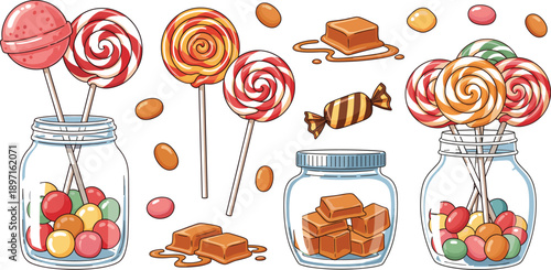 Colorful Candy Jar Illustration Set with Lollipops, Caramel Squares, Wrapped Sweets, and Sugar Treats for Bakery, Party, and Kids Design