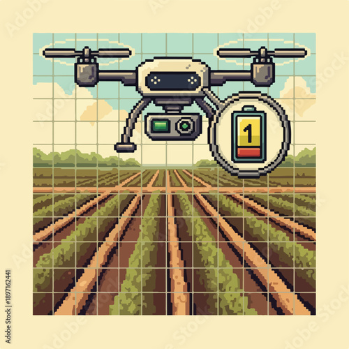 Pixel art drone flying over a farm field, showing a low battery icon, symbolizing agricultural technology and monitoring