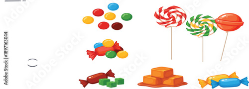 Colorful Candy and Sweet Treat Illustration Set with Lollipops, Caramels, Wrapped Sweets, and Sugar Confections for Kids and Party Design