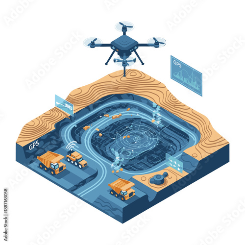 Isometric illustration of a drone monitoring an open-pit mine with dump trucks, focusing on ESG performance data visualization.