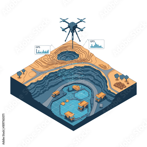 Isometric illustration of a drone monitoring an open-pit mine with dump trucks, focusing on ESG performance data visualization.