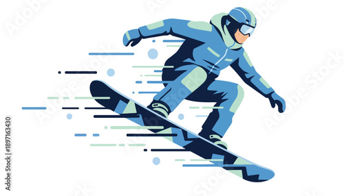 Illustration of a snowboarder in motion with dynamic lines and dots on a white background, conveying speed and action in a vibrant blue and green color scheme.