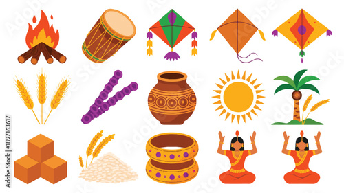 A flat design illustration of 12 traditional Indian festival icons arranged in a 3x4 grid against a white background (1)_traced