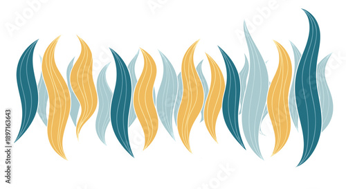 Abstract background features flowing organic wavy shapes in teal, yellow, and light blue, creating a vibrant and fluid aesthetic.