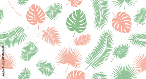 Tropical leaf seamless pattern features palm, monstera, and fern leaves in shades of green and peach on a clean white background.
