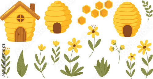Beehive and Honey Illustration Set with Wooden Hive Houses, Honeycombs, Flowers, and Botanical Elements for Beekeeping, Nature, and Organic Design
