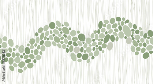 Abstract pattern featuring a wavy band of smooth green stones or pebbles set against a background of thin vertical lines.