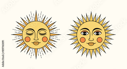 Two celestial sun illustrations feature human faces with blushing cheeks and decorative rays representing day and night concepts.