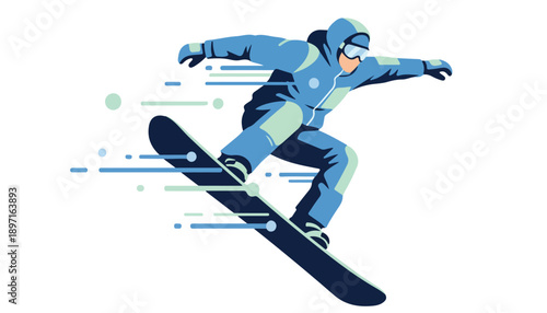 A snowboarder in a blue snowsuit performs a trick with motion lines on a white background.