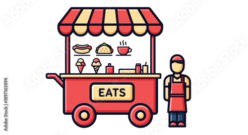 Flat illustration of a food cart vendor standing beside a red food truck with a yellow and red awning and food items on display.