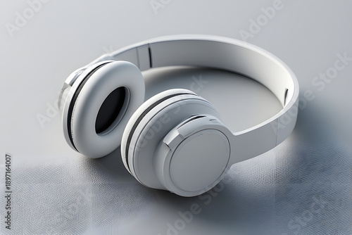 Close-up view of white headphones on a gray surface with soft shadows