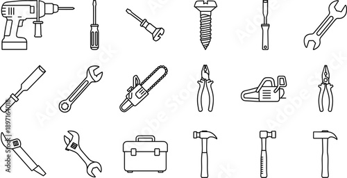 Hand Tools Outline Icon Set with Drill, Screwdriver, Wrench, Hammer, Pliers, Chainsaw, Toolbox, and Repair Equipment for Construction and DIY Design