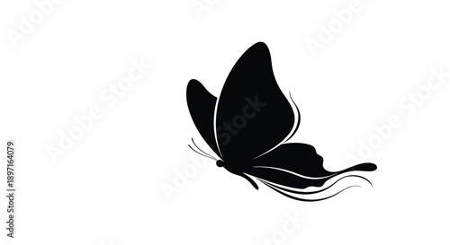 Elegant black silhouette of a butterfly with its wings partially closed is shown in a side profile view with delicate antenna.