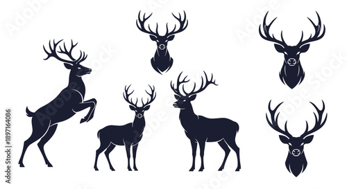 Comprehensive collection of deer silhouettes includes full body poses and portraits of stags with large antlers in different positions.