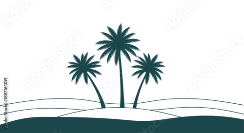 Dark teal silhouette of three palm trees standing on a sandy shore is set against a backdrop of simple stylized ocean waves.