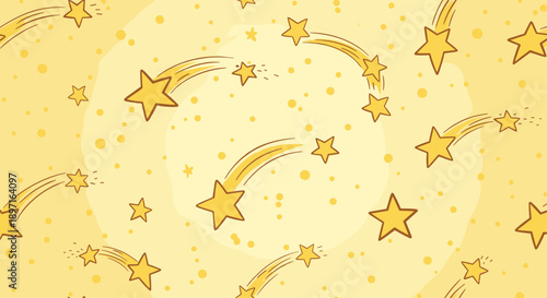 Magical seamless pattern features bright yellow shooting stars and dots scattered over a warm light yellow background.