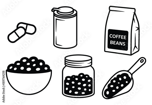 Collection of Icons: Coffee Beans, Pills, and Containers