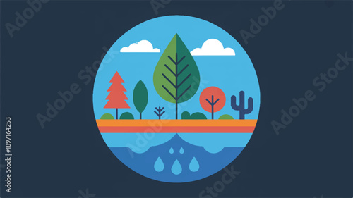 A flat design illustration of a water drop ecosystem in a circular frame (3)_traced