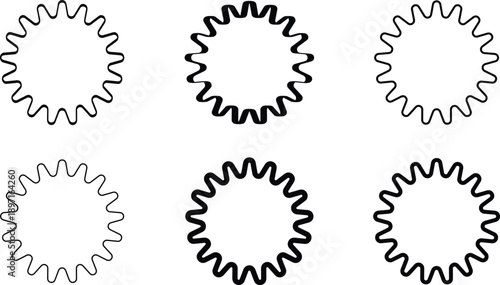 Set of Six Minimalist Wavy Zigzag Circular Frames and Border Design Elements Isolated on White Background