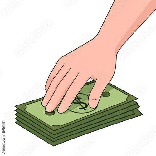 A human hand reaching for or placing a stack of green dollar bills, symbolizing finance and transactions.