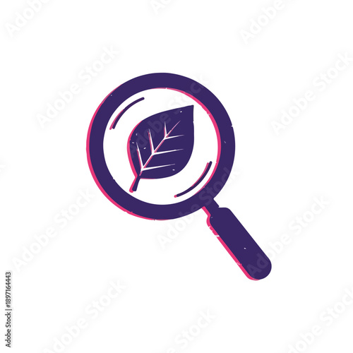 Magnifying glass examining a leaf, representing nature research, environmental study, botanical exploration, ecological discovery, and green science icon.