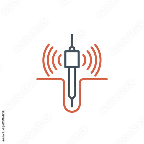 Modern line icon of a ground sensor emitting signals, illustrating soil analysis, geological exploration, or subsurface data collection technology.