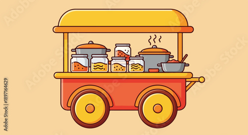Flat illustration of a red and yellow food cart with various dishes on a plain background.