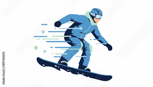 Illustration of a snowboarder in a blue snowsuit performing a trick with motion lines on a white background.